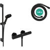 hansgrohe Pulsify Select S - Set doccia con termostatico Ecostat Element, doccetta a risparmio idrico (EcoSmart, 105 mm, 3 getti), tubo flessibile e asta doccia (0,65 m), nero opaco, 24272670