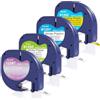 DOREE (Pack 4) Nastro 12 mm x 4 m, compatibile con etichette LetraTag 12267, 91200, 91201, 91202, Trasparente, Bianco, Giallo. Compatibile con Dymo LetraTag LT-100T, LT-100H Plus, LT-2000.