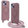BGHHEU Magnetica Cover per iPhone 15 con Cordino,[Compatible con Magsafe],Custodia Silicone con Regolabile Collana Sottile Morbida Case,Rosa Gold