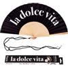 Fisura - Ventaglio in legno chic con messaggio "dolce vita". Accessorio sofisticato e colorato, ventaglio a mano nero con gancio pratico. Dimensioni: 42,5 x 23 cm