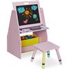 Relaxdays Scaffale per Bambini, con Lavagna, Doppio Scomparto e Sgabello, Postazione per Colorare, HLP 84x52x45 cm, Rosa