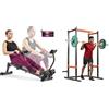 Sunny Health & Fitness Smart Compact Adjustable Rowing Machine, 12 Levels Adjustable Resistance + Power Zone Strength Rack Power Cage - 455 KG Weight Capacity, Spotter Bar, Angled Pull-Up Ba
