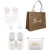 BAIFULAI 4 pezzi Set di regali per sposa Accessori JGA per donne Borsa in juta con borsa per cosmetici, pantofole, calzini, Borsa cosmetica Bride To Be JGA Borsa in juta per JGA, matrimonio, festa in spiaggia