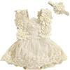 HEOXIN Neonato Baby Girl Romper Vestiti, Neonato Pizzo Fiore Ricamo Sundress Tutu Vestiti, Senza Maniche A-Line Principessa Abito con Fiore Fascia Bodysuit Compleanni Dress per 3-6 Mesi, Beige
