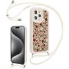 Vxinvnoi Cover Cordino per iPhone 15 Pro Max, Aesthetic Fiori Disegni Ragazze Custodia con Corda Collana Tracolla Laccio, Sottile Silicone Morbido Bumper Antiurto Case per iPhone 15 Pro Max, Beige 02