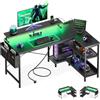 Coleshome Scrivania Gaming con LED e Prese, 120x80cm Scrivania Gaming Angolare Reversibile con Ripiani, Scrivania Angolare con Supporto per Monitor per Casa Ufficio, Carbonio Nero