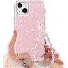 Reownest Custodia per iPhone 13/14 con Carino Motivo a Fiocchi Rosa, Cover Estetica Femminile, Morbido Bumper Protettivo in TPU per Donne e Ragazze + Catenina con Perline e Fiocco