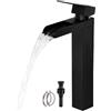 RAINMAX Black Tall Waterfall Bathroom Faucet, Single Hanlde Vessel Sink Faucet with Waterfall Spout, Bathroom Faucets for 1 Hole, RV Lavatory Vanity Mixer Bar Tap with Pop Up Drain and Hoses KMBF015B