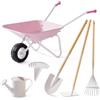 ROBUD Carriola per bambini in metallo con set di attrezzi da giardino, 6 pezzi: carriola per bambini con pala lunga, rastrello, scopa per foglie, annaffiatoio e etichette per piante, giocattolo da