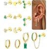 FANCH 12PCS Orecchini Acciaio Chirurgico per Donne Ipoallergenici Orecchini a Cerchio 14K Placcati in Oro Cartilagine Tragus Helix Verde CZ Catena Orecchini Set per Più Piercing Oro