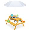 Relaxdays Tavolino da Bambini per Esterno, Tavolo da Picnic per Giardino, Set Due Panche e Ombrellone, Legno, Naturale