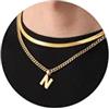 Esmoly Collana Uomo Argento Oro Nero Con Lettere A-Z 18+20 Inches - 316L Acciaio Inossidabile Catena Serpente Cubana Doppia - Regalo (Oro N)