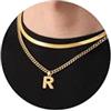 Esmoly Collana Uomo Argento Oro Nero Collana Cubana con Lettere A-Z 18+20 Inches 316L Acciaio Inossidabile Catena Serpente Cubana Catena Doppia Regalo Uomo (Oro R)