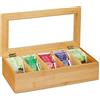 Relaxdays Scatola Porta Tè e Tisane, 5 Scomparti, Cofanetto con Finestrella, Organizer 9 x 37 x 20 cm, Bambù Naturale