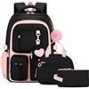 Amythe Zaino Scuola Elementare Bambina 3 Pezzi, Set Zaini Ragazza Set 7-12 anni con Sacchetto per Pranzo e Astuccio per Matite, Rosa Nero