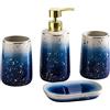GIBZ Set di Accessori da Bagno in Ceramica da 4 pezzi in Stile Moderno Set di Accessori da Appoggio di Lusso Portasapone, Portaspazzolino, Dispenser di Sapone, Bicchiere da Bagno Blu