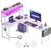 Coleshome Scrivania Gaming con LED e prese, 155 × 100 cm Scrivania Gaming Angolare Reversibile con scaffali portaoggetti, Scrivania Angolare con borsa portaoggetti per Giocatori, Bianco