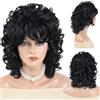 GNIMEGIL 38cm Parrucca riccia nera con frangia (anni '70/'80) costume Drag Queen uso giornaliero fibra sintetica