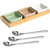 ZRUEWOT Set Ciotoline Salsa in Ceramica con Vassoio in Legno - 3 Ciotoline Colori Pastello Opachi, Con Cucchiaino, Per Salse Tapas Sushi BBQ, Vassoio Aperitivo e Snack