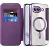 IMEIKONST Cover Magnetica per Google Pixel 9A con Slot per Carte, [Compatibile con MagSafe] [Blocco RFID] Custodia in Pelle PU Portafoglio Flip Trasparente Case per Google Pixel 9A. Viola JDCX