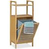 Relaxdays Mobiletto con Portabiancheria, Bambù, 95x40x30 cm, 2 Ripiani, da Bagno, Cesta pieghevole, 25 L, Legno Naturale