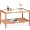 Relaxdays Tavolino da Salotto in Legno, 35 x 60 x 40 cm, Ripiano in Vetro, 2 Mensole, Tavolo Basso da Divano, Naturale
