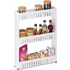 Relaxdays Mobile Salvaspazio, 3 Ripiani, Scaffale Stretto per Bagno & Cucina, Carrello Portaoggetti in Plastica, Bianco