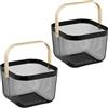 Relaxdays Cestino Metallico Portaoggetti a Rete Quadrato, Set 2 Cesti con Manico in bambù, HLP: 17,5x26x24,5 cm, Nero