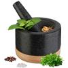 Relaxdays Mortaio con Pestello in Granito, HxD 8,5x14 cm, Schiaccia Erbe per Pesto e Cocktail, Base Legno, Naturale Nero
