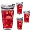 Relaxdays Set da 4 Tazze per Bambini, Bicchieri Vetro, Silicone ABS, Cannuccia e Tappo, 450 ml, Fenicotteri, Trasparente