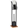 Relaxdays Piantana Bagno Con Mensola, Portarotolo, Scopino e Portascopino, Base Quadrata, Effetto Legno, H 78 cm, Nero