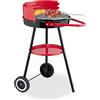 Relaxdays Barbecue a Carbonella con Paravento, Ø 42 cm, Grill a Carbone da Esterno, 2 Ruote e Portautensili, Nero Rosso