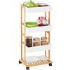 Relaxdays Carrello da Cucina, in bambù e MDF, Mobiletto 4 Ripiani Carrellino con Ruote, 88 x 40 x 30 cm, Bianco/Naturale