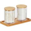 Relaxdays Porta Cotton Fioc, Bagno, 2 Box in Plastica per Dischetti di Cotone, Coperchi in bambù, Naturale Trasparente