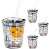 Relaxdays Set da 4 Bicchieri per Bambini in Vetro con Cannuccia in Silicone, Tappo, 350 ml, Motivo sportivo, Trasparente