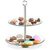Relaxdays Alzata a 2 Piani, Vassoio Rotondo, Alzatina, Centro Tavola, Espositore, Vetro, Acciaio, Argento/Trasparente