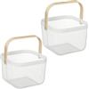 Relaxdays Cestino Metallico Portaoggetti a Rete Quadrato, Set 2 Cesti con Manico in bambù, HLP: 17,5x26x24,5 cm, Bianco