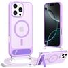 Jrkvniv Cover Magnetica per iPhone 15 Pro Max 6,7 con Cordino [Supporto integrato] Custodia con Laccio Tracolla Regolabile Collana Protezione Antiurto di Livello Militare Case Traslucida Opaca, Viola