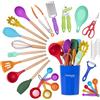 nuovva Utensili da cucina antiaderenti in silicone resistenti al calore con manico in legno, set di mestoli, cucchiai e spatole, utensili e accessori da cucina, 35 pezzi, colorati