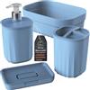 Engelland - Set da bagno, 4 pezzi, con dispenser di sapone, portasapone, portaspazzolino e organizer, design moderno, plastica resistente, senza BPA, effetto scanalato, blu pastello