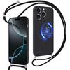 Coiwxmoi Magnetica Cover per iPhone 16 Pro Max con Cordino Compatibile con MagSafe Custodia Liquido Silicone Antiurto Protettiva Case con Laccio Collana Tracolla Corda,Nero