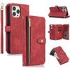 UEEBAI Custodia per iPhone 13 Pro Max 6,7 pollici, 9 slot per schede Retro Leather Wallet antiurto Flip Cover con tracolla Slot con cerniera Tasca Cavalletto Chiusura magnetica - Retro Rosso Vino