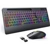 seenda Tastiera e mouse wireless illuminati, ricaricabile USB e tipo C, tastiera wireless con mouse con supporto per cellulare e poggiapolsi per PC/Windows/Mac, clic silenzioso e layout QWERTZ, nero