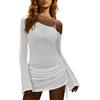 Saodimallsu - Vestito da spiaggia da donna, copricostume bikini, maniche lunghe, con coulisse, estivo, spalle scoperte, poncho da spiaggia, leggero, mini abito sexy, Blu, L