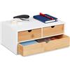 Relaxdays Organizer da Scrivania, bambù e MDF, Portaoggetti Salvaspazio con 3 Cassetti, HLP 14x33x21 cm, Bianco/Naturale