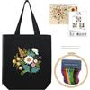 KABAKE Kit per ricamo su tela per principianti, kit per borsa tote fai da te, kit di avviamento per ricamo, include borsa con ricamo stampato, fili, strumenti per il ricamo (Borsa nera con fiori)
