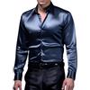 DUOYIJIN Camicia da uomo a maniche lunghe lucida, camicie da uomo con bottoni satinate e lucide simili alla seta, colletto a lapel tinta unita, vestibilità aderente, top da disco dance, chemise liscia senza