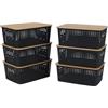 Relaxdays Contenitori Set 6 in plastica e bambù con Coperchio, Manici, 10,5x25,5x18 cm, Nero