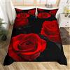 Loussiesd Set di biancheria da letto con rose rosse di lusso, copripiumino floreale per ragazze, donne, coppia, fiori romantici, copriletto per San Valentino, copripiumino rosso e nero, trapunta 3 pezzi, misura