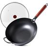 Kordisen 32cm Wok in Acciaio al Carbonio con Coperchio, Manico Ergonomico in Legno, Fondo Piatto per Induzione e Gas, Antiaderente Naturale, Grande Capacità per 3-6 Persone, Ideale per Cucina Asiatica